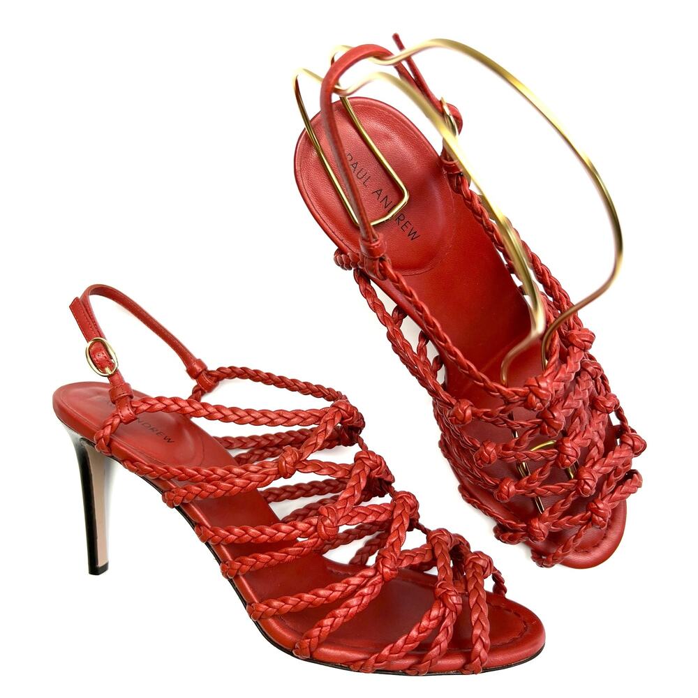 PAUL ANDREW Who's That Braided Sandals EU 38 US 8 Women's Red High Heels NWT